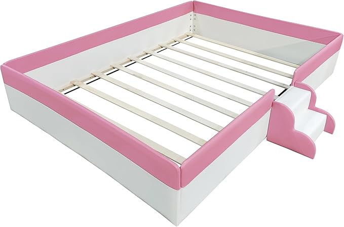King Size Upholstered Daybed Frame with Fence and Stairs, Montessori Kids Floor Bed with Sturdy Slat Support for Kids Boys Girls
