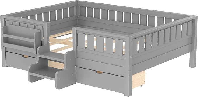 Bellemave Full Size Kids Bed with high Rails and with Built-in Bookshelf and Drawers for Kids, Girls, Boys, Wood Montessori Bed Without Door, Gray