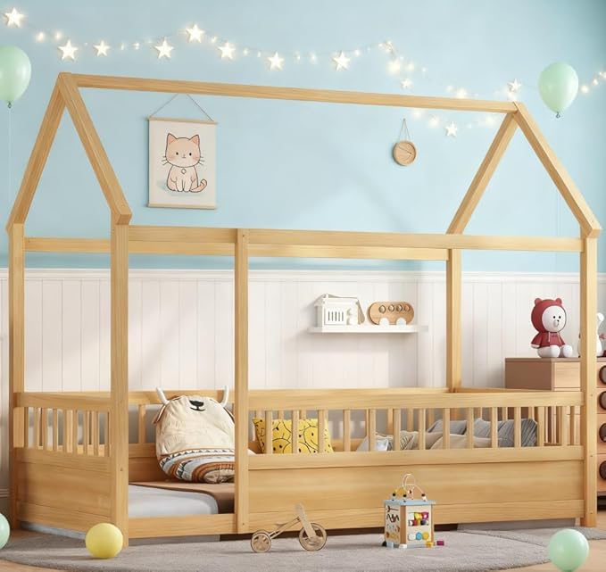 Bellemave Twin House Bed for Kids, Wooden Kids bedframe with Rails and Storage, Montessori Floor beds with high guardrail Without slats, Natural