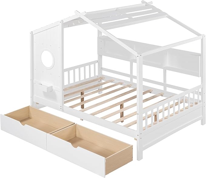 Merax Wood Full House Daybed with Drawers & Storage Shelves,Day Bed for Kids Boys Girls No Box Spring Needed White