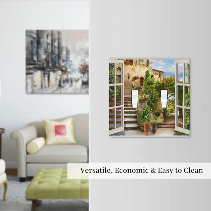 Mediterranean Greece Scene Flowers 2 Gang Light Switch Plate Decorative Double Toggle Wall Plate Italian Town from Another Window Receptacle Switchplate Decorate for Home Living Room Bedroom