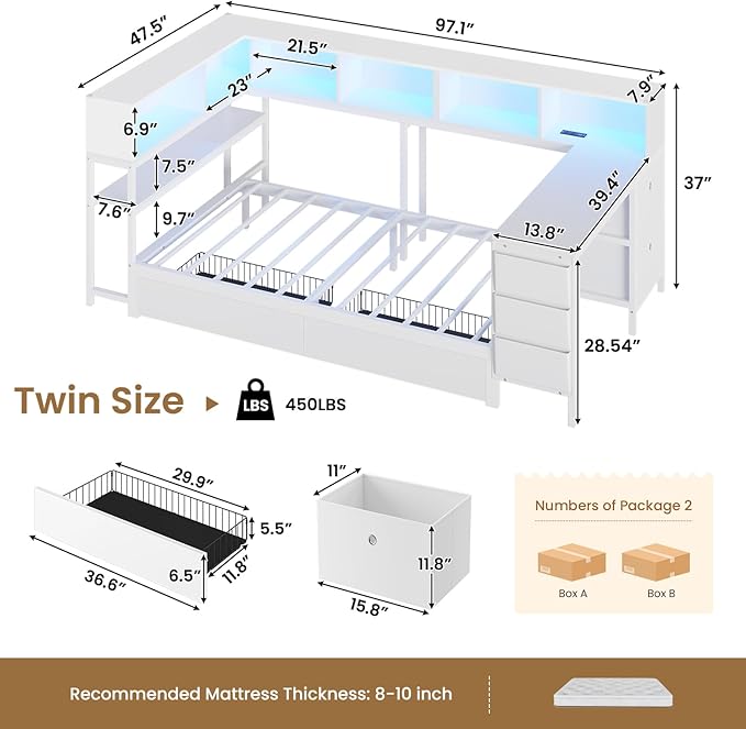 DICTAC Corner Twin Bed Frame with Desk,Charging Station and Bookcase Storage Metal Platform Bed Frame with Storage Drawers and Led Lights Twin Size Daybed with Desk and Shelves for Kids/Teen,White