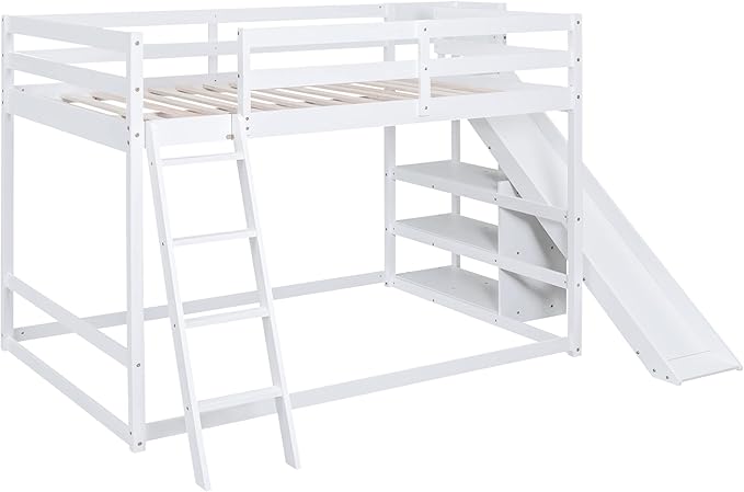 Full Over Full Bunk Bed with Ladder, Wooden Bunk Bed Frame with Slide and Shelves, Low Bunk Bed for Kids Teens Adult, Space-Saving Bedroom Dormitory Furniture (White + Pine-05)