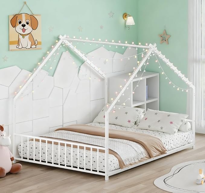 Bellemave Full Size Montessori Floor Beds with Slats for Kids, Metal Full House Bed for Kids, White with Slats and Lights