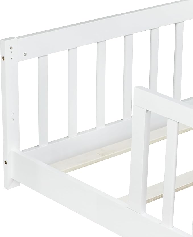 Twin Size Montessori Floor Bed with Wood Slats for Kids Bedroom,Wood Montessori Bed Frame with Safety Guardrails for Girls & Boys,Space Saving Design,White