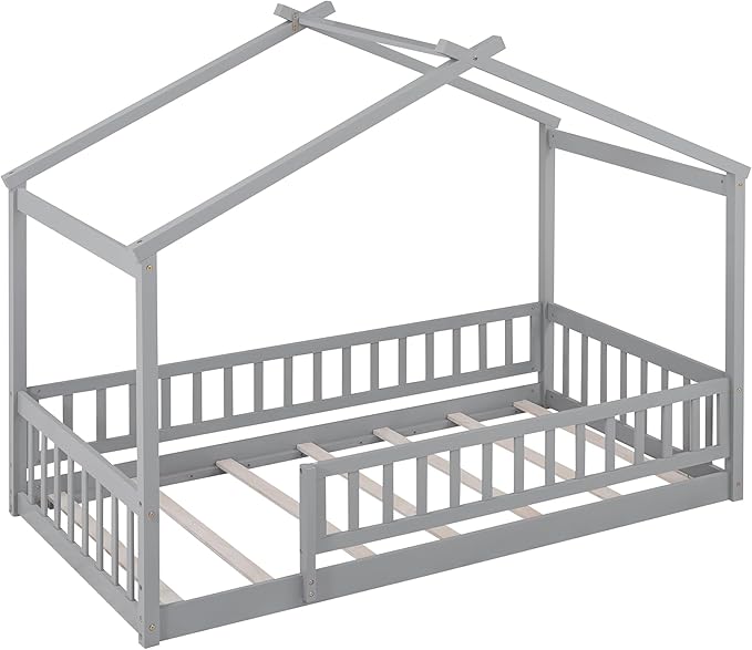 Merax Twin Size Wooden House Bed with Fence, Wood Bed Frame with Roof and Safety Guardrail for Kids, Teens, Boys or Girls, Gray