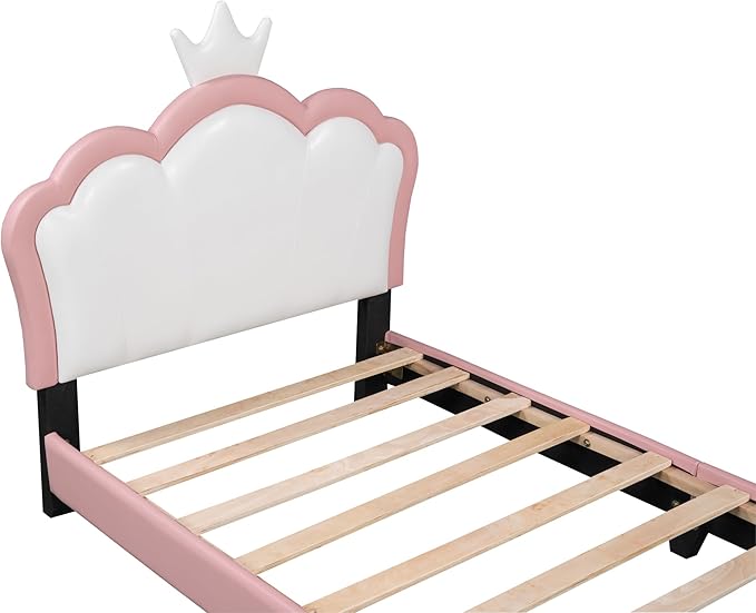 Twin Size Princess Bed Frame with Crown Shaped Headboard for Kids,Upholstered Platform Bed with Slats Support,Twin Girls Bed,Twin Bed for Girls Teens,Pink