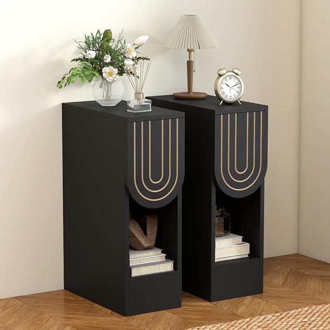 Narrow Nightstand, Slim Bedside Table with Carving Lines Drawer, Mid-Century Modern Small Side End Table for Bedroom Small Space, Wooden Night Stand (1, Black)
