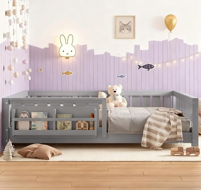 Bellemave Full Size Floor Bed with high Rails and with Built-in Bookshelf for Kids, Girls, Boys, Wood Montessori Floor Bed Without Door, Gray