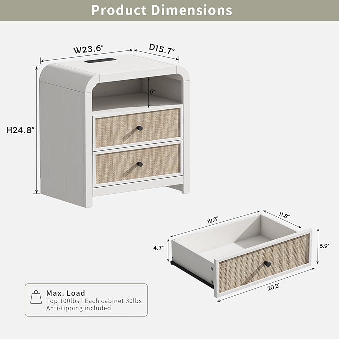 Oak&Sparrow 2 Drawer Tall Dresser for Bedroom, 23.6'' Rattan Dresser with Ample Storage, Boho Chest of Drawers, Thickened Curved Profile Design, Oak Dressers for Bedroom, Living Room