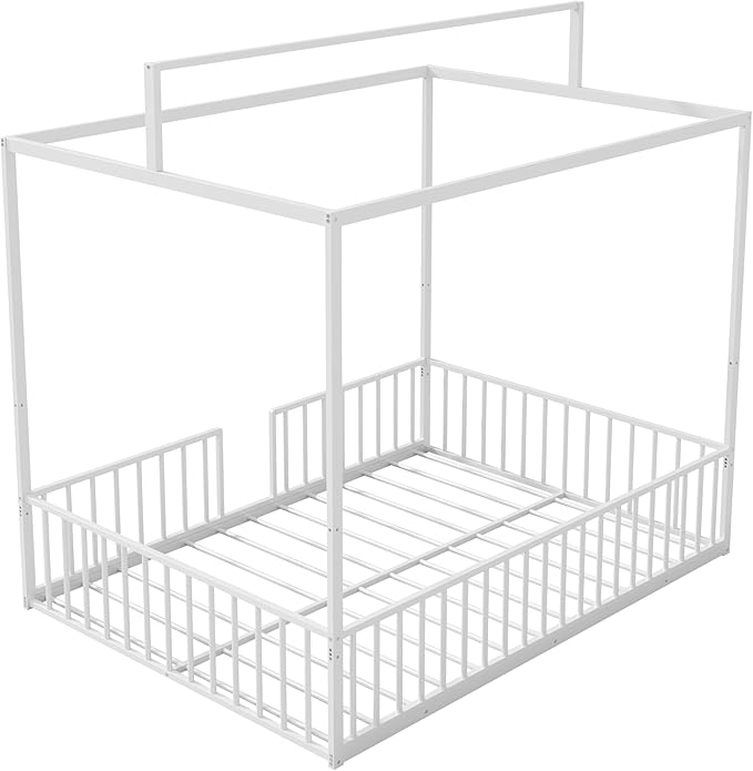 Merax Full Size Convertible Montessori Floor Bed, Metal House Bed Framefor Kids, Floor Beds with Fence for Kids,White