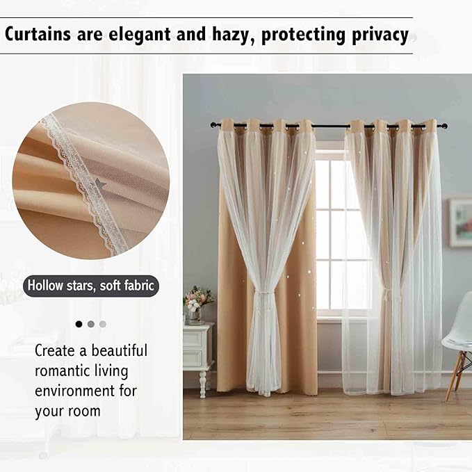 Anytime Romantic Kids Curtain,Hollow-Out Stars Window Curtain Double Layer Blackout Curtains for Girls Bedroom Kids Room 2Panel,(W52 x L72,Beige)