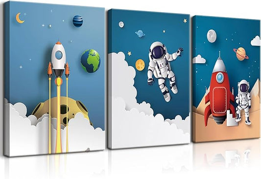 3Pcs Astronaut Canvas Wall Art Nursery Space Adventure Wall Decor Whimsical Space Themed Posters Artwork Rocket Spaceship Prints Pictures for Kids Room Boys and Girls Bedroom (16x24in Canvas)