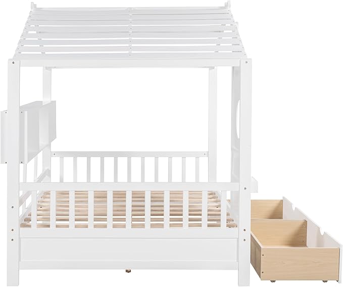 Modern Full Size House Bed with Roof and Window, Wooden Daybed Frame with Shelves and 2 Drawers,Bedroom Furniture for Girls & Boys (White+2 Drawers*)