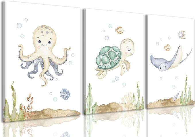 Wodkwq Ocean Nursery Decor, Set of 3, 12x16in Framed Canvas Prints, Under The Sea, Boys Room Sea Animal Wall Art, Nursery Wall Decor