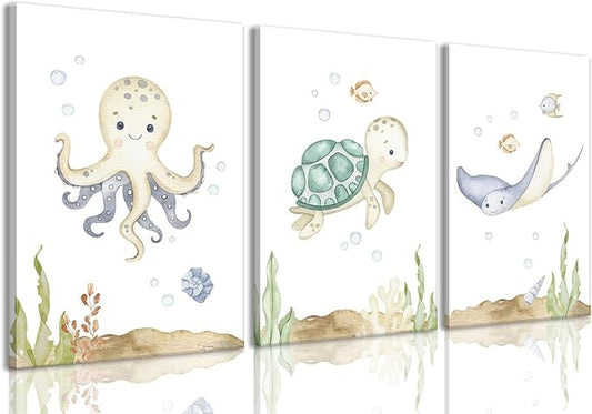 Wodkwq Ocean Nursery Decor, Set of 3, 12x16in Framed Canvas Prints, Under The Sea, Boys Room Sea Animal Wall Art, Nursery Wall Decor