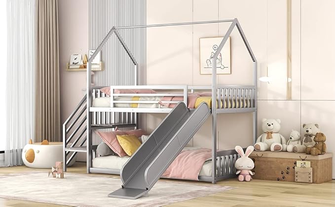MERITLINE Metal Bunk Bed Twin Over Twin Bunk Bed Frame with Slide and Stairway,Twin Over House Bed with Guardrails
