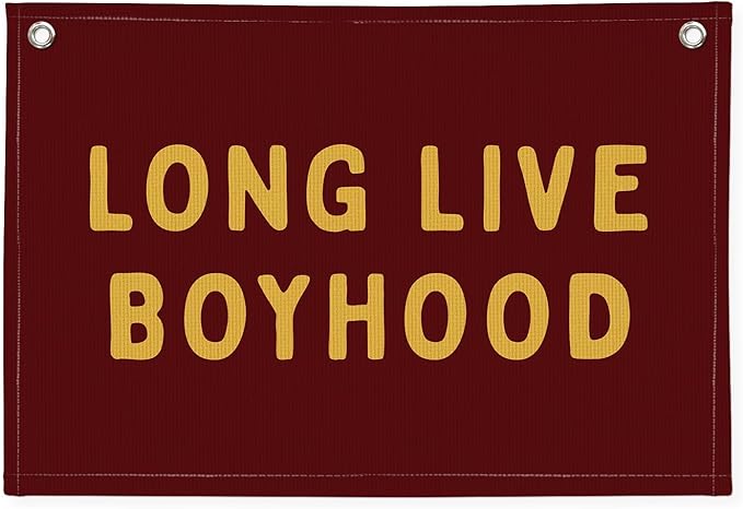Long Live Boyhood Linen Banner – Boys Room Wall Hanging, Playroom & Nursery Decor, Toddler Room Flag, Aesthetic Boys Bedroom Sign – Burgundy & Mustard Yellow
