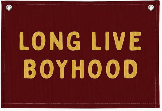 Long Live Boyhood Linen Banner – Boys Room Wall Hanging, Playroom & Nursery Decor, Toddler Room Flag, Aesthetic Boys Bedroom Sign – Burgundy & Mustard Yellow