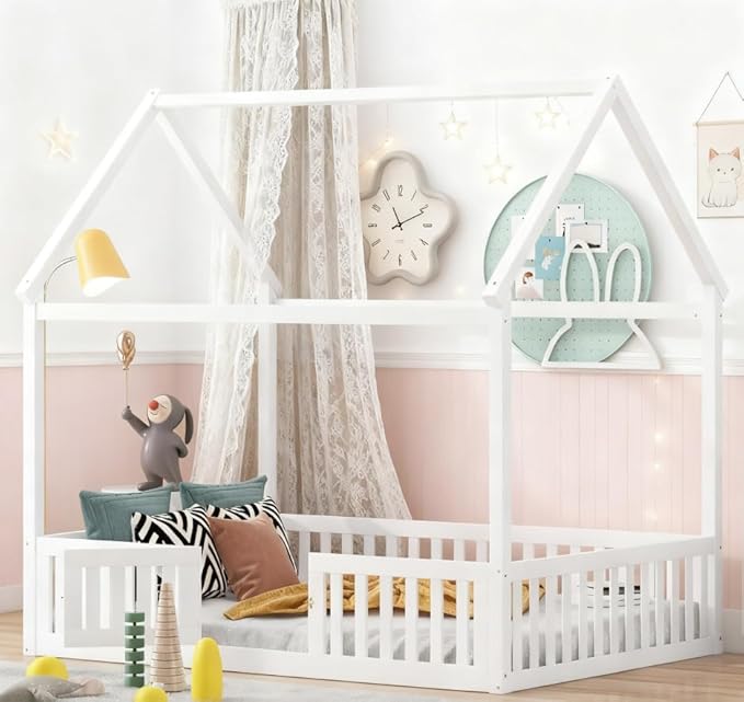 Bellemave Full House Bed for Kids, Wooden Kids bedframe with Rails and roof, Montessori Floor beds, White with Door no slats