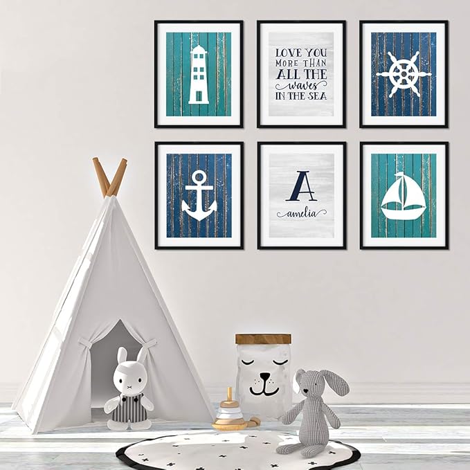 Andaz Press Personalized Ocean Nautical Sailor Theme Nursery Kids Bedroom Hanging Wall Art Decor, 8.5x11-inch, Blue Aqua Rustic Wood, 6-Pack, Custom Name Unframed Poster