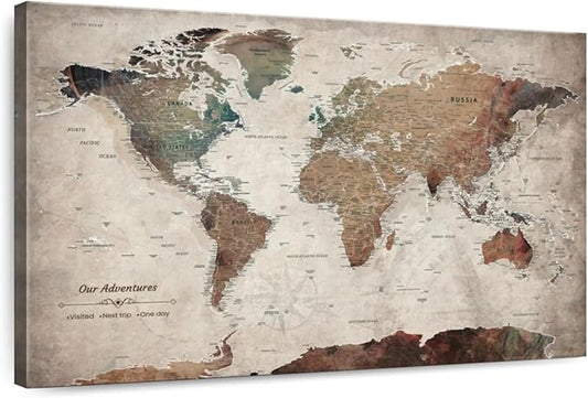ElephantStock - Our Adventures World Map With Push Pin Iii Wall Art - Horizontal Canvas Wall Art - Living Room Wall Decor - Printmaking Map Canvas Art - Beige And Brown Decor - 45" x 30"