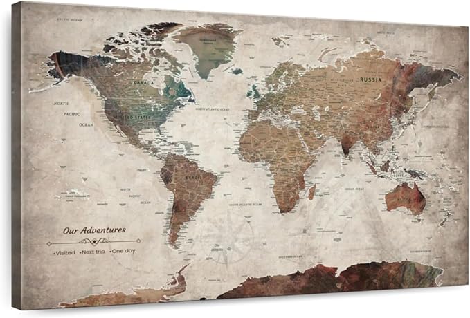 ElephantStock - Our Adventures World Map With Push Pin Iii Wall Art - Horizontal Canvas Wall Art - Living Room Wall Decor - Printmaking Map Canvas Art - Beige And Brown Decor - 30" x 20"