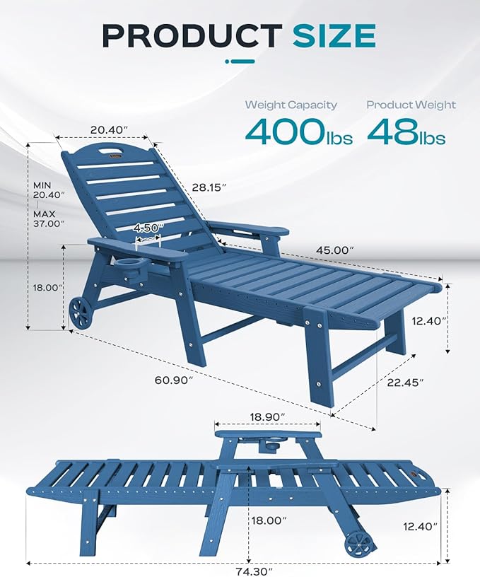Outdoor Lounge Chair Set of 4, All Weather Patio Chaise Lounge Chair for Outside, HDPE Chair with Rolling Wheels & Cup Holder, 5 Position, Deck, Pool, Navy Blue