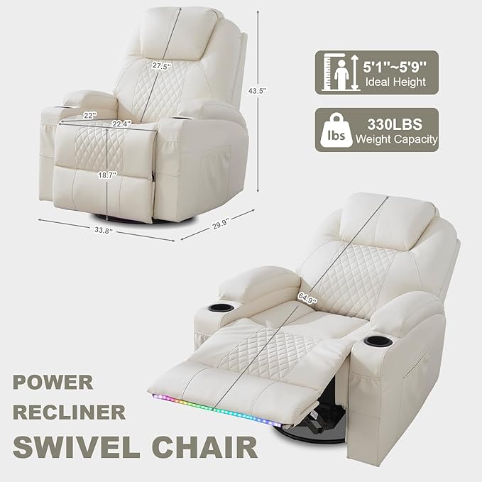 Power Swivel Rocker Recliner Chair with Massage and Heat/LED Lights/USB and Type-C Ports/Infinite Position/Cup Holder, Electric Glider Reclining Sofa for Nursery Living Room (2, Beige)