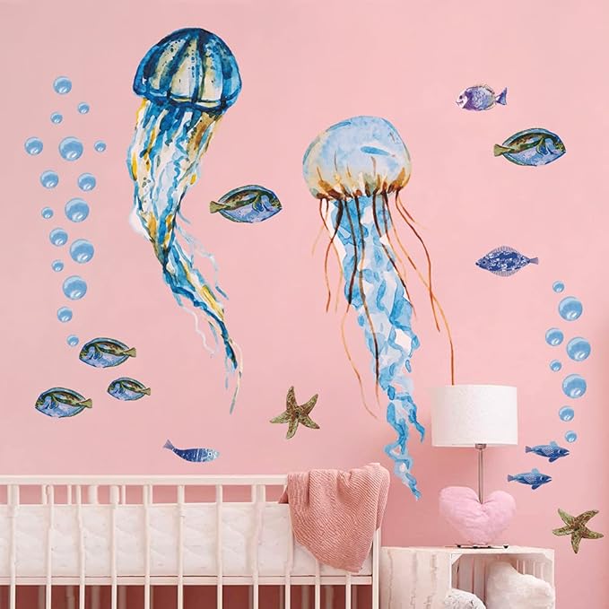 Creative Watercolor Jellyfish Wall Sticker Under The Sea Wall Decals Peel and Stick Removable Bubble Fish Starfish DIY Art Décor for Kids Girls Bedroom Living Room Bathroom Window Wall Decoration