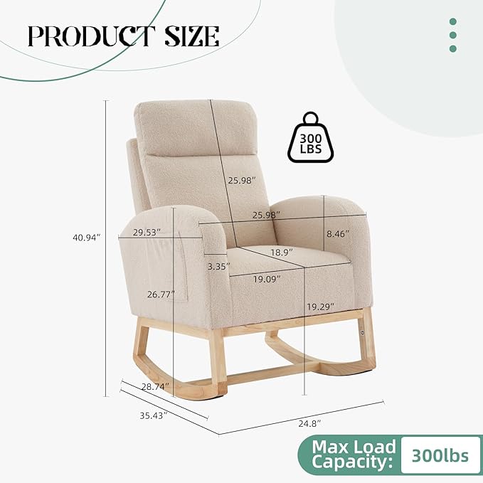 Rocking Chair Nursery, Modern Upholstered Glider Rocker with Side Pocket, Upholstered Lounge Chair with Solid Wood Base for Relaxin, for Living Room, Bedroom