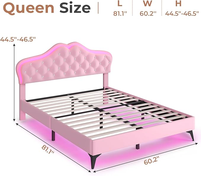 BTHFST Queen Size Upholstered Bed Frame with LED Lights, Princess Platform Bed for Girls, Adjustable Headboard with Crystal Button, Solid Wood Slats Support, No Box Spring Needed, Pink