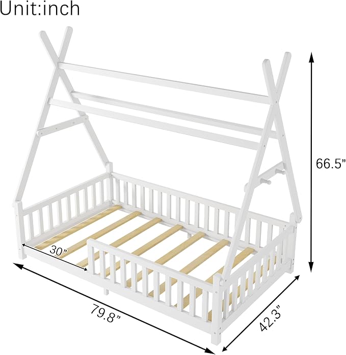Twin House Bed with Roof & LED Light, Low Profile House Bed with Fence, Safe Guardrails, DIY-Friendly for Boys & Girls, Solid Wood & MDF Construction, No Box Spring Required, White