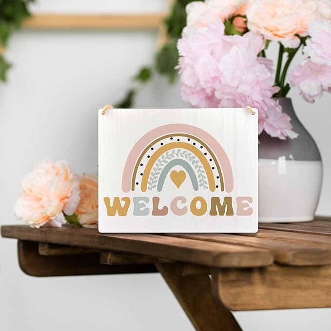 Ryeolo Boho Rainbow Welcome Wooden Plaque Sign for Classroom Wall Hanging, Door Decor, 10.2x7.8 Inches, 12X6
