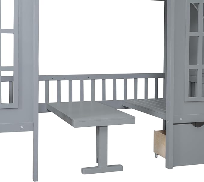 Playhouse Twin Size Loft Bed with Storage Staircase, Solid Wood Bunk Bed Frame with Guardrail for Kids Teens Boys Girls, Down Bed Convertible to Seats and Table Set (Grey-C)