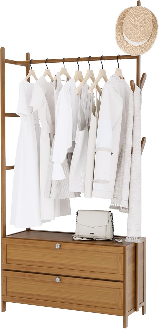 Clothing Rack with Shelves,Bamboo Clothes Rack,Tawny Clothes Rack Hanging,Drawers Hanging Racks,Garment Racks with Shelves (27.6inch Width Tawny)