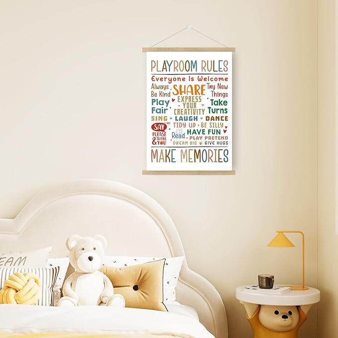 Qswo Playroom Rules Wall Art Poster Hanger Frame,Play Room Hanging Canvas Wall Decor for Kids Nursery School