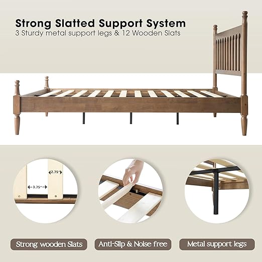 King Size Solid Wood Platform Bed Frame with Headboard & Footboard, 12 Sturdy Slatted Base, Metal Legs, No Box Spring Needed, Anti-Slip & Noise-Free, Easy Assembly, Barnwood Finish, WCK-30