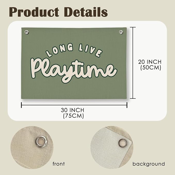 Playroom Decor for Boy, Long Live Playtime Wall Hanging Linen Banner, Blue Striped Wall Flag for Kids Room Nursery Playroom Decor, 20x30 Inch-Green