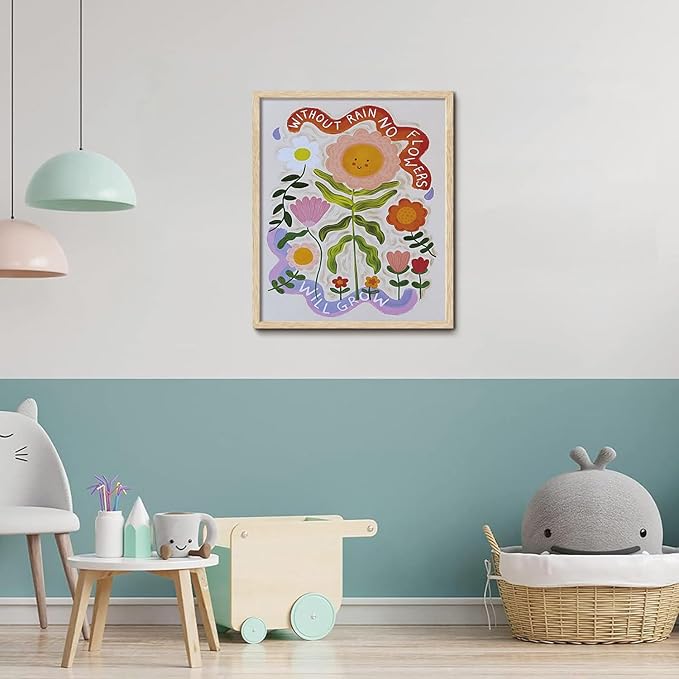 KISSFOX Framed Wall Art Nursery Wall Decor Sunflower Pictures Kids Cute Smiling Floral Canvas Art Whimsical Botanical Paintings Colorful Sweet Artwork For Children Boys Girls Room Playroom