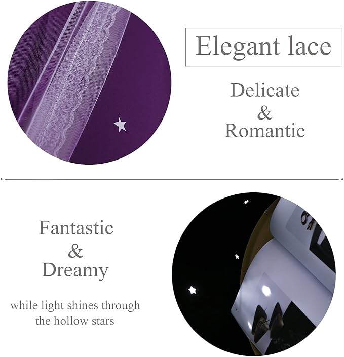 Kinryb Star Cutout Blackout 95 Inches Curtains Double Layer with Sheer Overly Curtains for Bedroom Thermal Insulated Window Treatment Set with 2 Free Tiebacks (52W x 95L 2 Panels Purple)