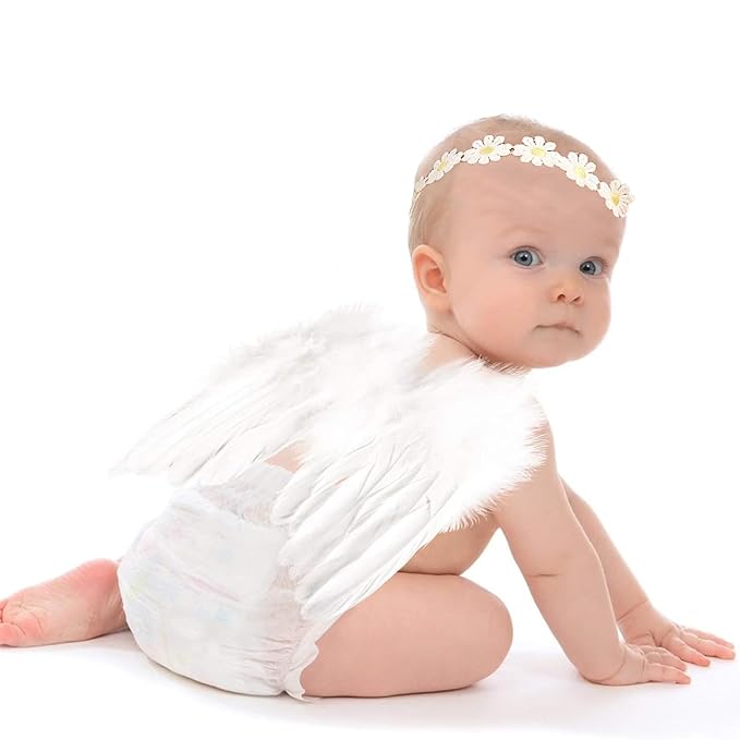 2PCS White Angel Feather Wings With Yellow Daisy Flower Headband Set For Newborn Infant Toddler Kids Baby Girls Photography Props Birthday Gift(Color C, One Size)
