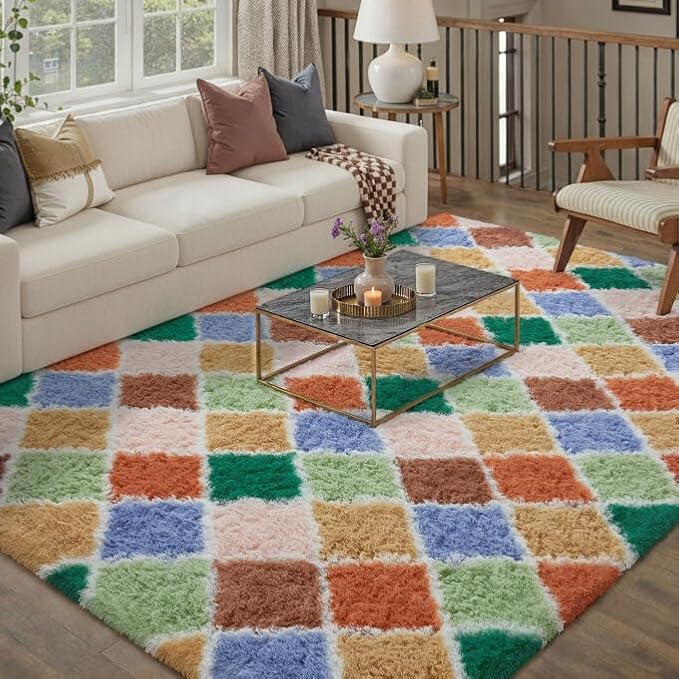 8x10 Checkered Rug for Living Room Colorful Modern Soft Area Rug Fluffy Non-Slip Carpet for Bedroom Playroom Home Aesthetic Decor