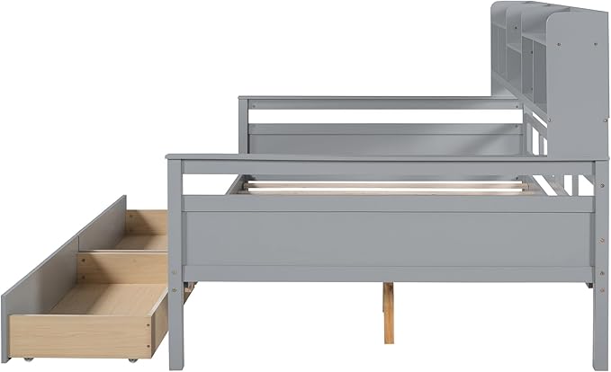 Harper & Bright Designs Full Daybed with Storage, Wooden Full Size Bed Frame with Bookcase Headboard and 2 Drawers, Full Sofa Bed with Shelves for Living Room Bedroom, No Box Spring Need, Gray