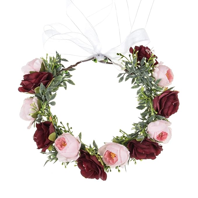 DreamLily Girls Camellias Flower Crown Birthday Photo Pops Hair Wreath Wedding Festival Floral Headpiece XM11 (B-Burgundy Pink)