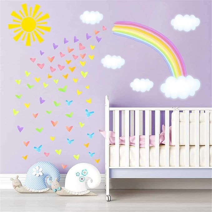 Colorful Rainbow Wall Decals Sun Cloud Wall Decals Colorful Heart Wall Stickers Watercolor Yellow Sun Decal Large Rainbow Wall Stickers for Girls Room Kids Bedroom Nursery Decor