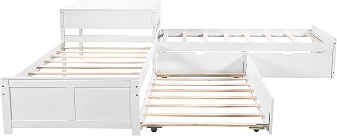Harper & Bright Designs L-Shaped Platform Bed Frame with Trundle and Drawers Linked with Built-in Desk for Kids Boys Girls, Twin, White