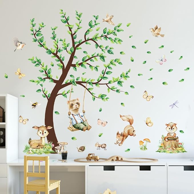 Jungle Animals Wall Decals Woodland Nursery Animals Large Tree Wall Stickers Watercolor Ferret Deer Fox Squirrel Home Decal Stickers for Baby Nursery Kids Bedroom Toddler Room Wall Decor