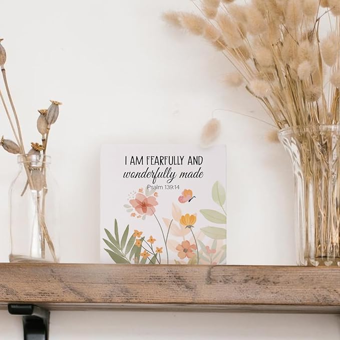 Bible Verse Boho Watercolor Wooden Box Block Plaque Sign, Christian Religious Gift, I Am Fearfully And Wonderfully Made, Inspirational Christian Nursery Home Desk Shelf Decor, 5x5