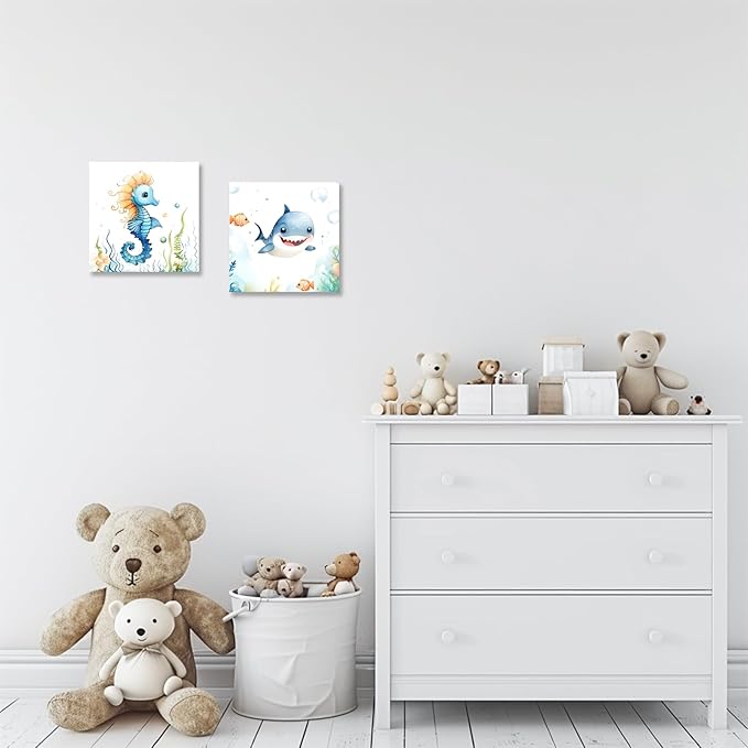 2 Piece Ocean Sea Canvas Wall Art for Nursery Decor - Cute Baby Seahorse Shark Underwater Paintings Pictures Ocean Theme Sea Life Posters Prints for Kids Room Bathroom Decor(Artwork-02, 12"x12"x2P)